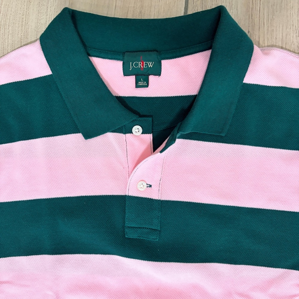 J Crew Classic Fit Pink and Green Stripe Polo Shirt - Large
